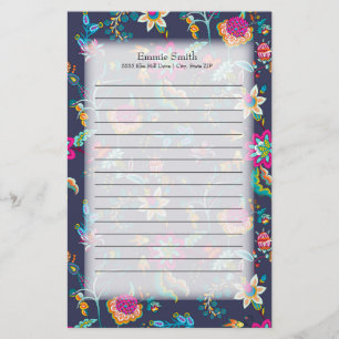 Personalised Navy Blue w/ Purple and Gold Floral Stationery