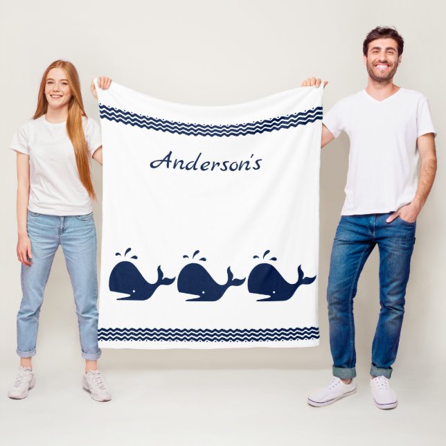 Personalised Navy Blue Whale Kids Fleece Blanket (In Situ)