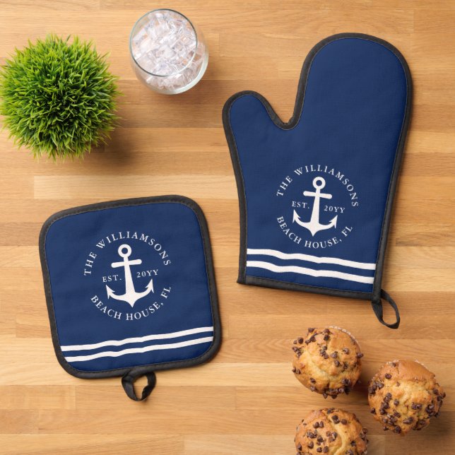 Personalised Navy Blue White Anchor Nautical Oven Mitt & Pot Holder Set (Top Down)