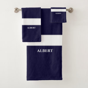 Personalised Navy Blue White Bath Towel Set