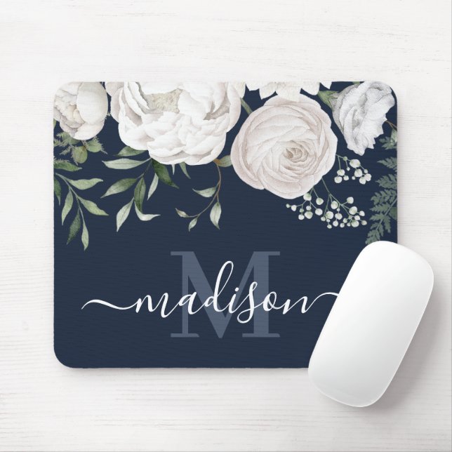 Personalised Navy Blue White Floral Name Monogram Mouse Mat (With Mouse)