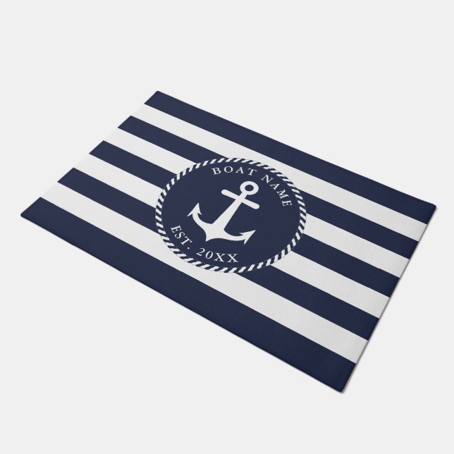 Personalised Navy Blue White Nautical Anchor Doormat (Angled)