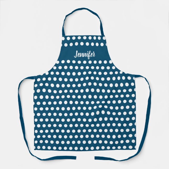 Personalised Navy Blue White Polka Dot Baking Apron (Front)