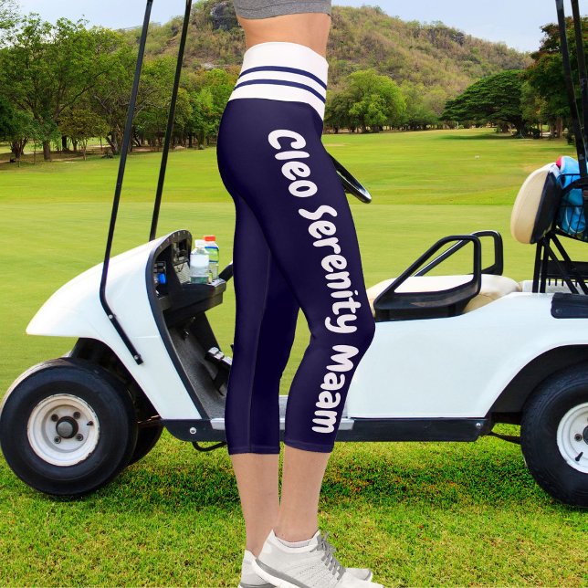 Personalised Navy Blue White Striped Pet Cat Name Capri Leggings (Creator Uploaded)