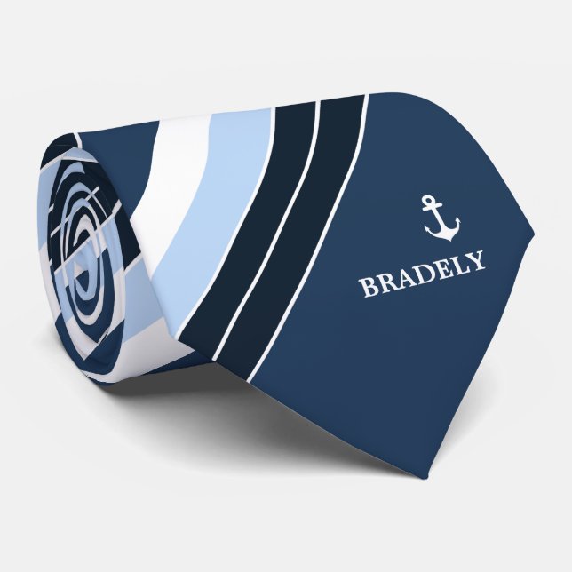 Personalised Navy Blue White Stripes Nautical Name Tie (Rolled)