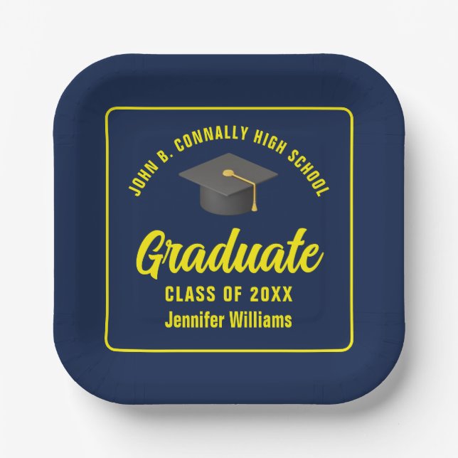 Personalised Navy Blue Yellow Graduation Party Paper Plate (Front)