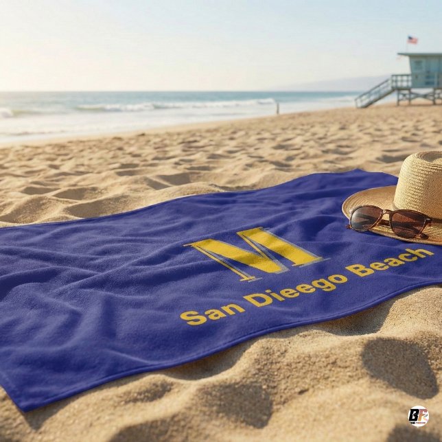 Personalised Navy Blue & Yellow Monogram Letter M  Beach Towel (Creator Uploaded)