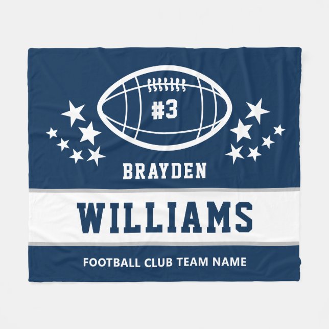 Personalised Navy BlueWhite Football Player Name Fleece Blanket (Front (Horizontal))