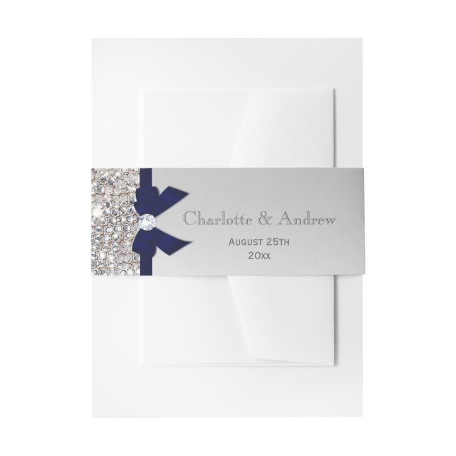 Personalised Navy Bow & Diamonds Wedding Invitation Belly Band (Front Example)