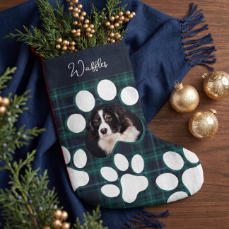 Personalised Navy Buffalo Plaid Pet Dog Cat Photo Small Christmas Stocking