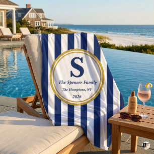 Personalised Navy Cabana Stripe Gold Monogram Fami Beach Towel