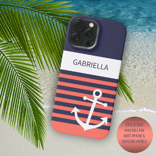 Personalised Navy Dark Blue White Orange Stripes Case-Mate iPhone 14 Pro Max Case