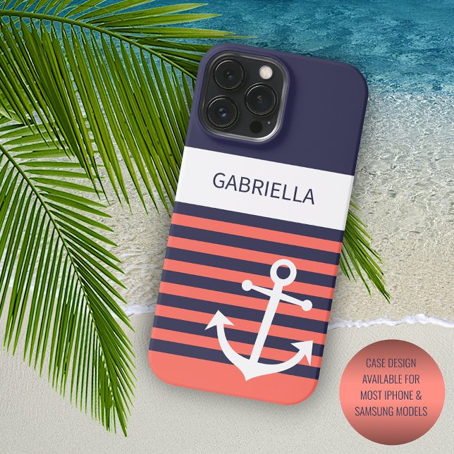 Personalised Navy Dark Blue White Orange Stripes Case-Mate iPhone Case (Creator Uploaded)