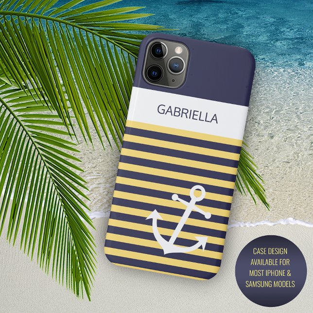 Personalised Navy Dark Blue White Yellow Stripes Case-Mate iPhone Case (Creator Uploaded)