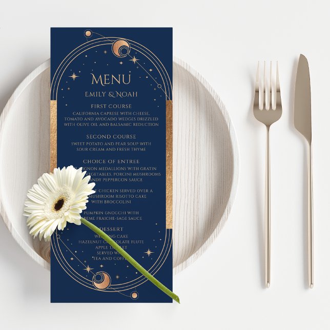 Personalised Navy Gold Celestial Wedding Menu (Creator Uploaded)