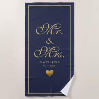 Personalised navy gold love Heart mr and mrs Beach Towel
