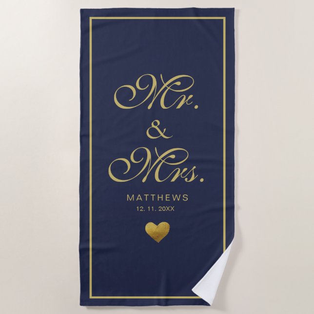 Personalised navy gold love Heart mr and mrs Beach Towel (Front)