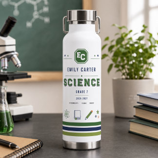 Personalised Navy Green Science School Cover Water Bottle