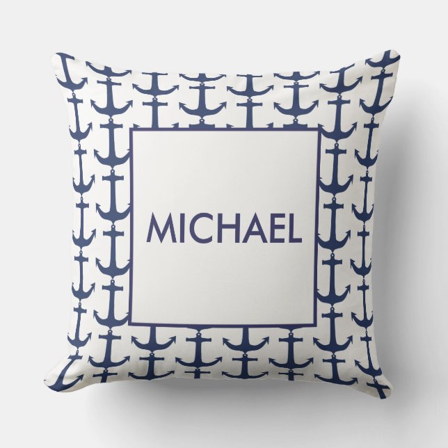 Personalised Navy Nautical Anchor Cushion (Front)