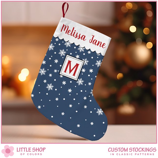 Personalised Navy Snowflakes Monogram Small Christmas Stocking (Creator Uploaded)