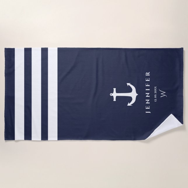 Personalised Navy stripes Beach Towel (Front)
