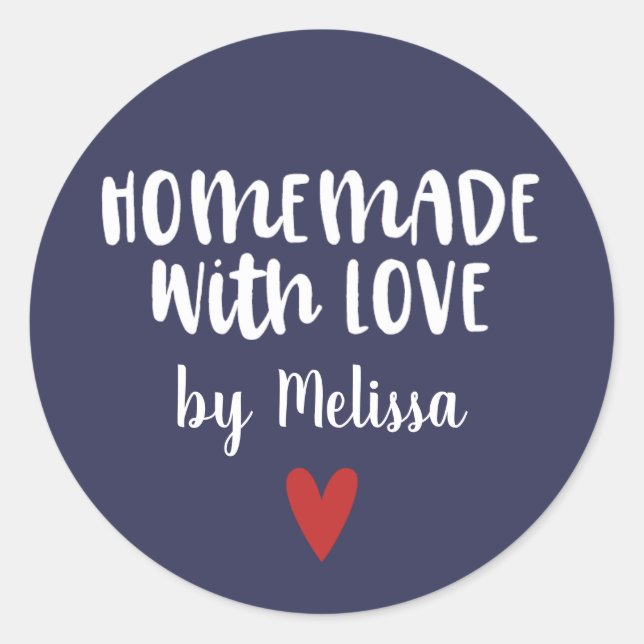 Personalised Navy White Homemade With Love Classic Round Sticker (Front)