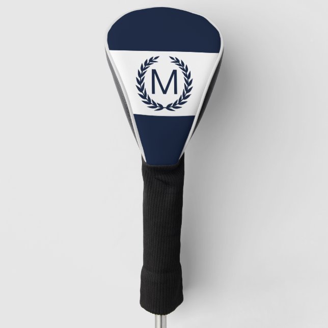 Personalised Navy & White Laurel Wreath Monogram Golf Head Cover (Front)