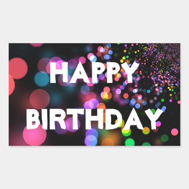 Personalised Neon Colourful Bokeh Happy Birthday Rectangular Sticker (Front)