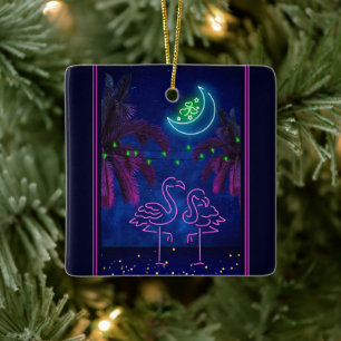Personalised Neon Flamingo Couple Beach Christmas Ceramic Ornament