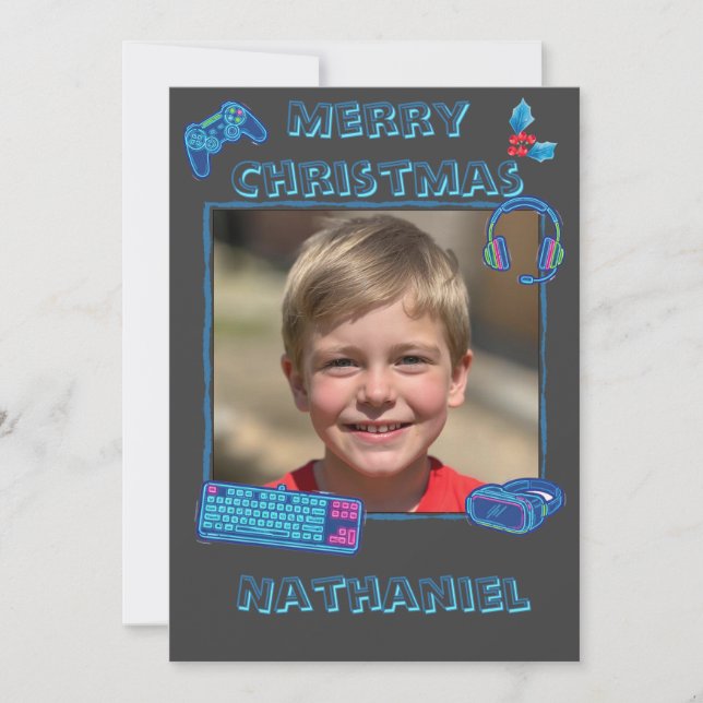 Personalised Neon Gamer Photo Flat Christmas  Holiday Card (Front)