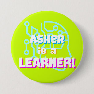 Personalised Neon Green Blue Learning Affirmation 7.5 Cm Round Badge