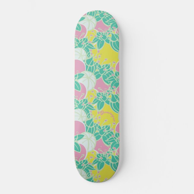 Personalised Neon Modern Bud & Flower Pattern Skateboard (Front)