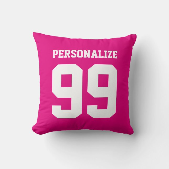 Personalised neon pink sports jersey number pillow (Front)
