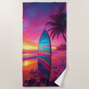  Personalised Neon Sunset Surf   Beach Towel