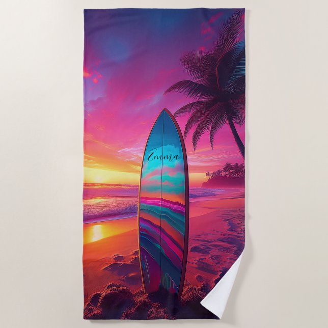  Personalised Neon Sunset Surf   Beach Towel (Front)