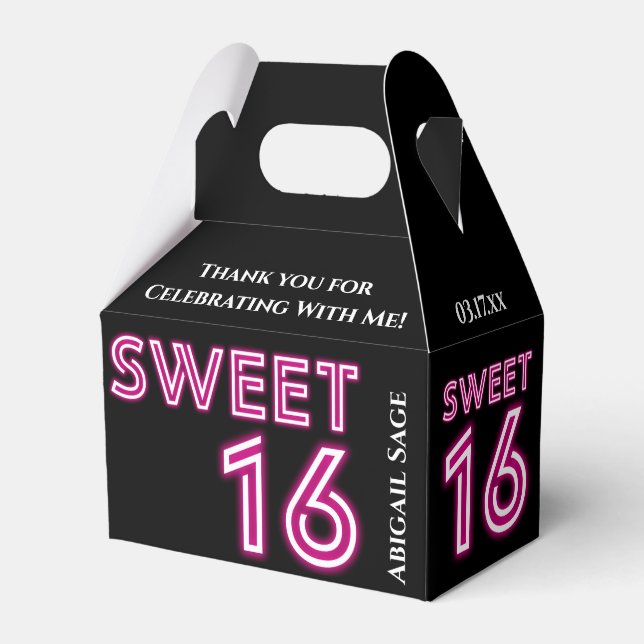 Personalised Neon Sweet Sixteen Hot Pink, Black Favour Box (Front Side)