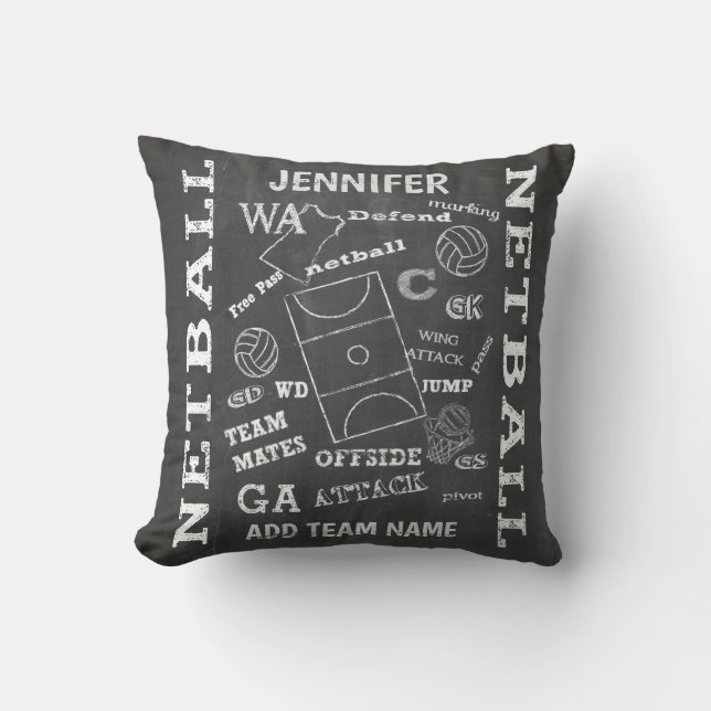 Personalised netball chalkboard style cushion (Front)