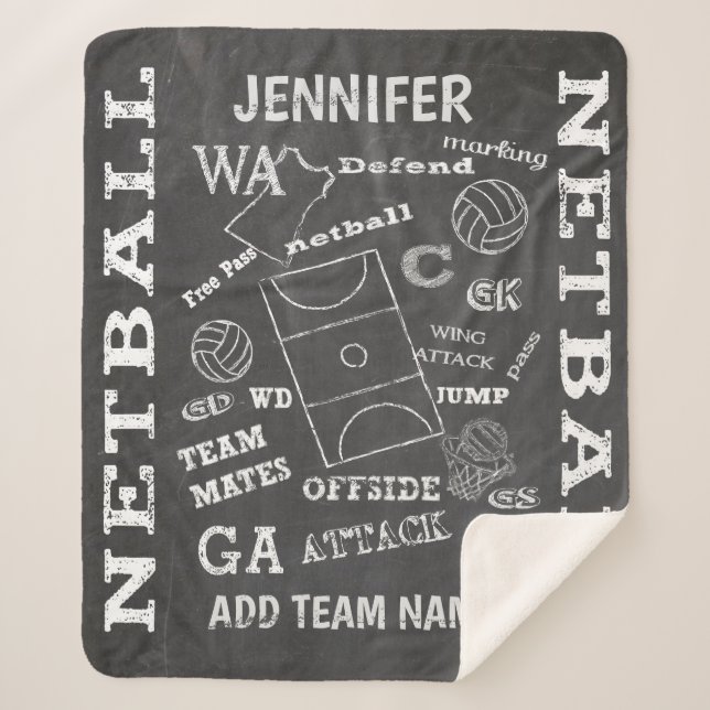 Personalised netball chalkboard style sherpa blanket (Front)