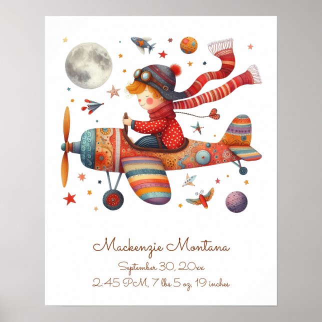 Personalised New Baby Art Child Flying Plane Poster (Front)