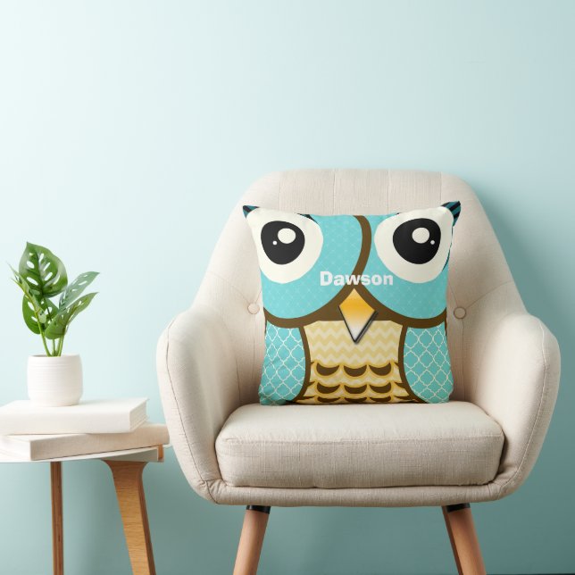 Personalised New Baby Boy's Room Cute Aqua Owl Cushion (Chair)