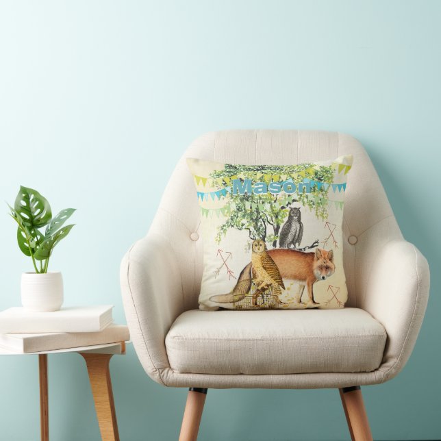 Personalised New Baby Boy's Room Cute Fox and Owl Cushion (Chair)