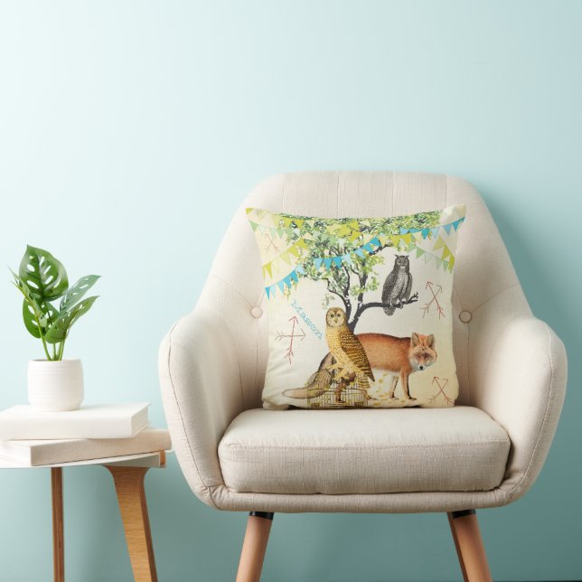 Personalised New Baby Boy's Room Cute Fox and Owl Cushion (Chair)