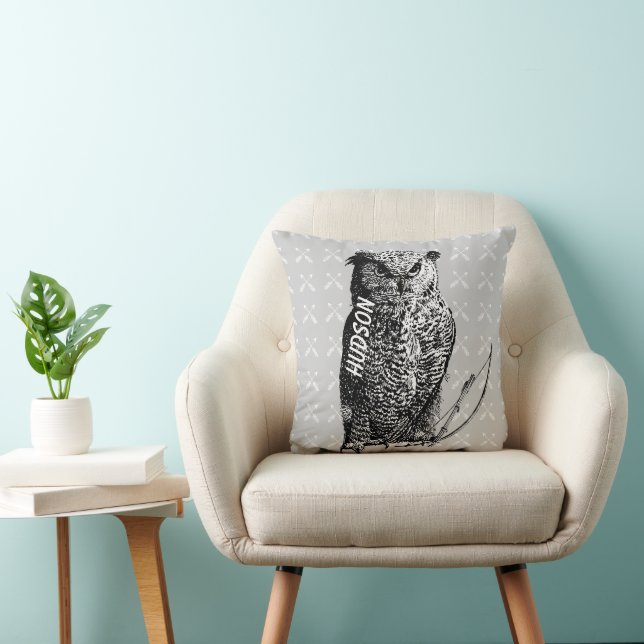 Personalised New Baby Boy's Room Grey Owl Cushion (Chair)