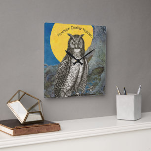 Personalised New Baby Boy's Room Yellow Grey Owl Square Wall Clock