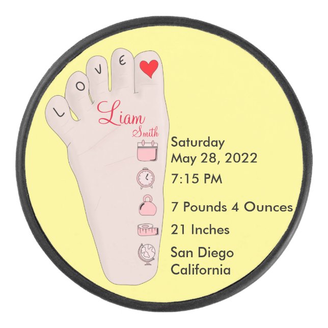 Personalised New Baby Gift Birth Stats Details  Hockey Puck (Front)