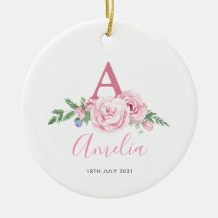 Personalised New Baby Keepsake pink floral gift Ceramic Tree Decoration