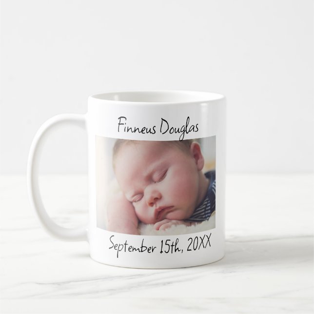 Personalised New Baby Photo, Name and Date Coffee Mug (Left)