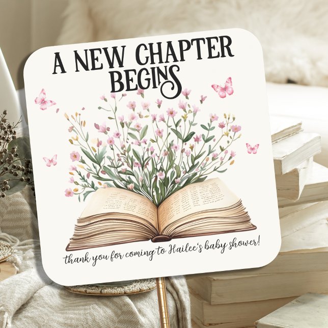 Personalised New Chapter Begins Book Baby Shower Square Sticker (Creator Uploaded)