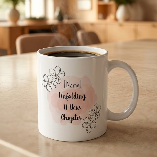 Personalised New Chapter Birthday Coffee Mug (Birthday coffee mug with aesthetic watercolor, line art flowers and an editable text.)