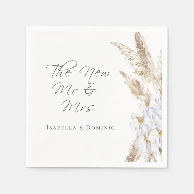 Personalised New Mr. & Mrs. Pampas Grass Wedding Napkin (Front)